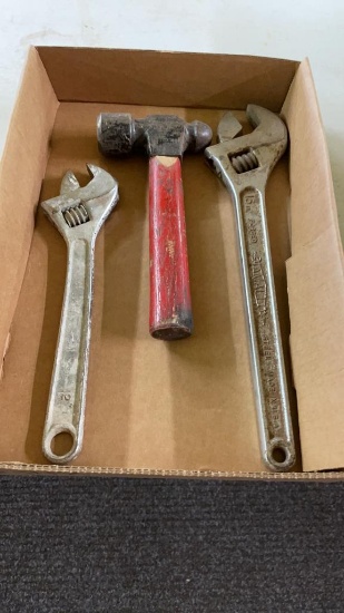 Ball peen hammer & 2 adjustable wrenches