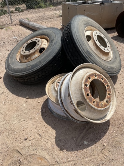 Lot of 3 11tx22.5 tires and 5 steel rims