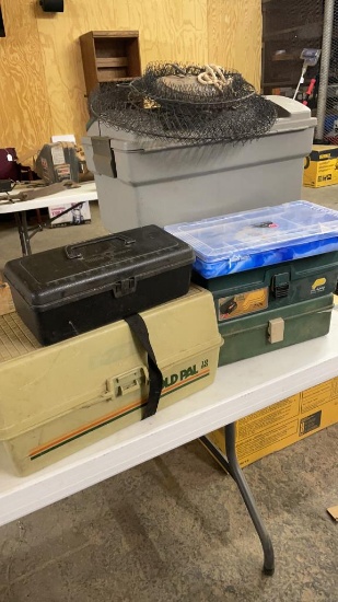 Lot of tackle boxes & fishing basket