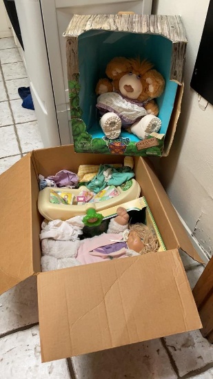 Cabbage Patch doll, carrier & Furskins bear