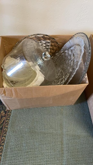 Box of glass bowls, trays, cake server top