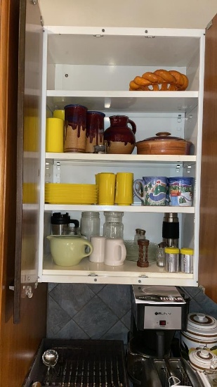 Lot of yellow dishware, brown pitcher & glasses &