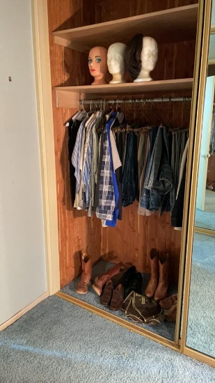Lot of men’s clothes, boots& shoes & wig heads
