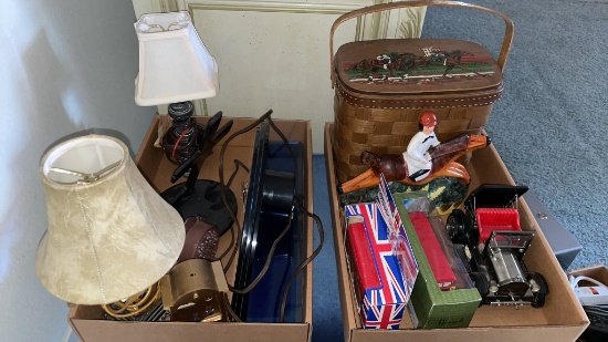 2 boxes of clocks, lamps, cars & jockey case