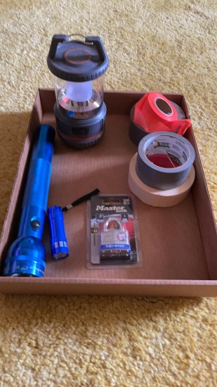 Box of flashlights, master lock, battery lantern