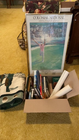 Box of Golf books, blanket, posters