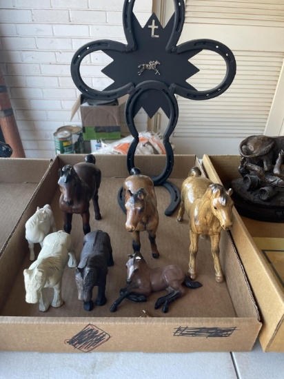 Lot of horse figurines & horseshoe cross