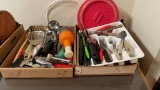 2 boxes of cooking utensils, silverware,
