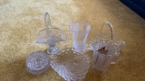 Basket of glass vases, pitcher, baskets & ash