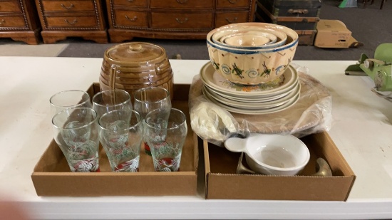 2 boxes of bowls,plates, brown cookie jar & 6