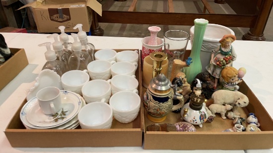 2 boxes of cut glass cups, soap dispensers,