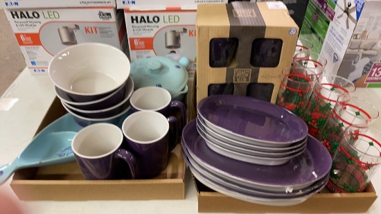 2 boxes of purple dishes, 6 coca-cola glasses &