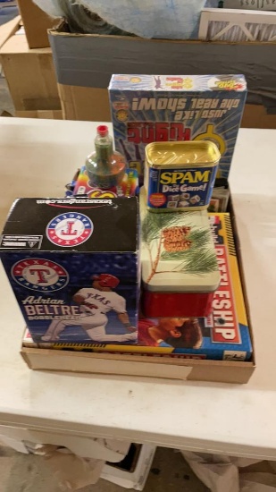 Box of games, dominoes & Adrian Beltre bobblehead