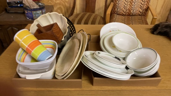2 boxes of assorted Corelle dishes, bundt pans,