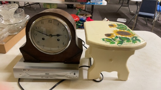 Lot of DVD player, mantel clock & stool