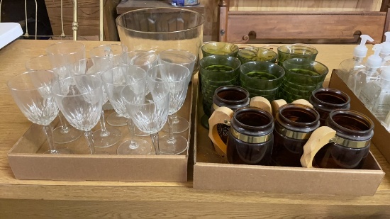 2 boxes of glasses, candy dish & trifle bowl