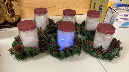 Mason jars w/toile, fairy lights & pine cone