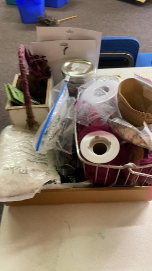Box of metal easels, wire basket, snow flakes,