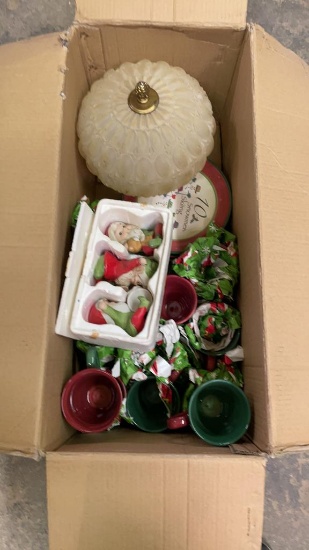 Box of Christmas plates & cups, elves & antique