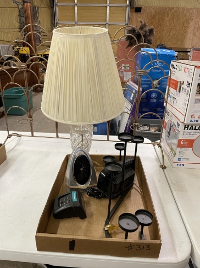 Box of lamp, clocks & candle holders