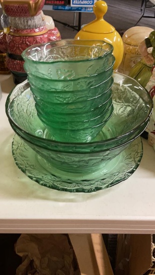 Lot of green serving tray, salad serving bowls &