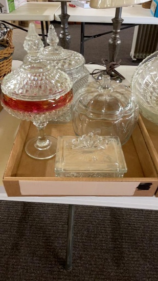 Box of glass cookie jars & candy dishes