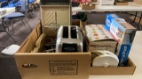 2 boxes of kitchen utensils, toaster, spice s