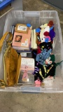 Tub of books, purse, wall decor & knitting pieces