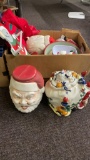 Box of plastic Christmas dishes, decorations &