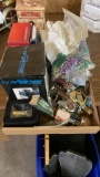 Box of misc jewelry, knives,beads, tv organizer,