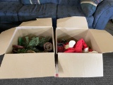 2 boxes of Christmas ribbon,stockings,greenery &
