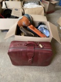 Box of misc bags, caps & suitcase