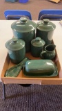 Box of green canisters, butter dish,sugar &