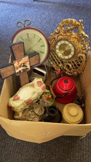 Box of misc clocks,cross,ceramic jewelry boxes, &