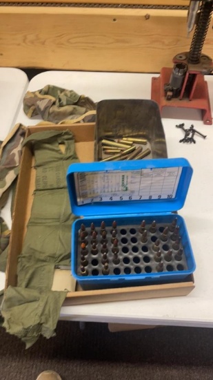 Box of 10 .30 carbine 10 rd clips and misc ammo