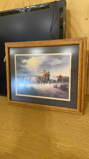 Framed Cowboy & Longhorns print