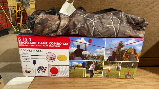 6-in-1 outdoor game set & folding camo stool