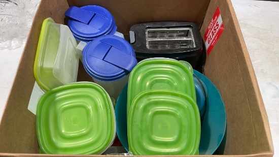 Box of plasticware & toaster