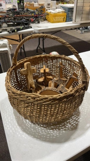 Wicker basket & hand carved crosses