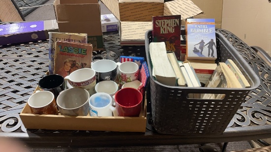 2 boxes of coffee mugs & books