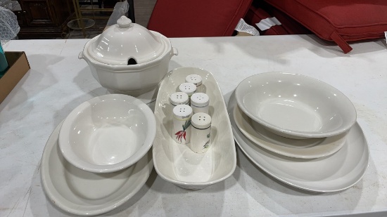 Lot of serving dishes & seasoning shakers