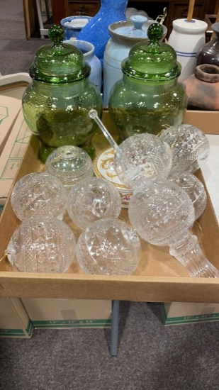 Box of green glass jars w/lids & clear ornaments