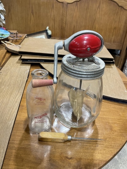 Antique churn, milk bottle & ice pick
