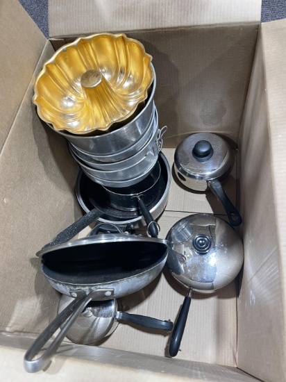 Box of pots, skillet & baking pans