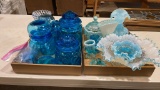 2 boxes of blue glass,canisters, flatware