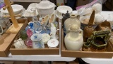 2 boxes of glass figurines,jugs,wood bell, bowl &