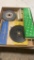 Box of thermometers, gauge & roll of emery cloth