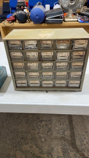 25 drawer small parts bin w/misc parts