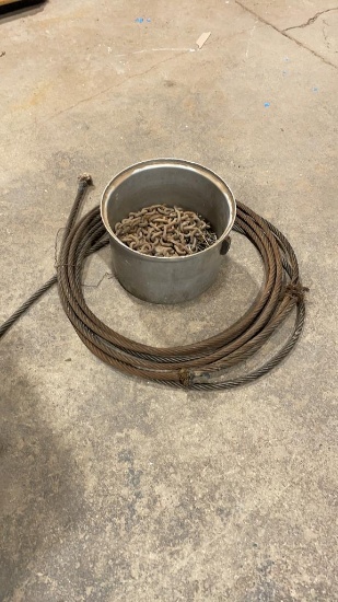 Bucket of chain, nails & roll of cable