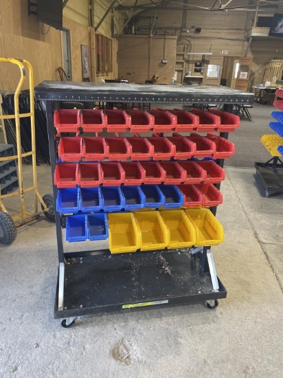 Black metal rolling rack w/plastic bins